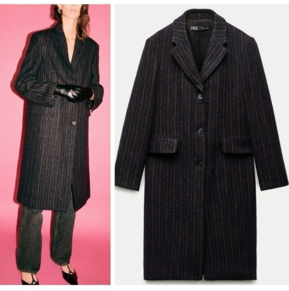 New Zara Manteco Wool Striped Coat ZW Collection 8912/760 Size Large NWT